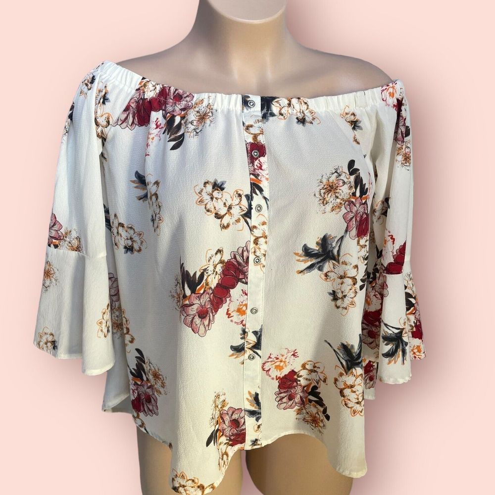 Umgee‎ Womens Oversized Large Floral Bell Sleeve Off Shoulder Boho Cottage